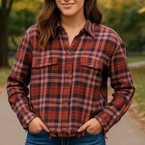 Pilcro Cropped Plaid Flannel Raw Hems Size /XS High-Low Oversized